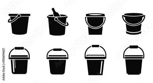 Collection of black bucket icons in varying shapes and styles