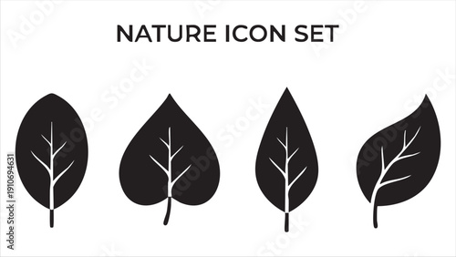Nature icon set with various leaf silhouettes displaying different shapes and internal vein patterns