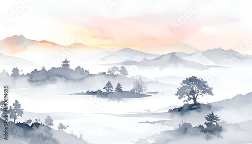 Wallpaper Mural Serene grayscale landscape with mountains, trees, and a distant pagoda Torontodigital.ca