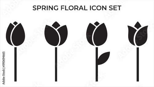Spring floral icon set featuring tulip flower silhouettes with stems and leaves on white background
