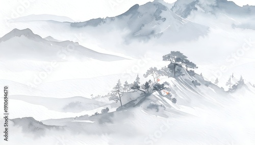 Wallpaper Mural Misty landscape with mountains, trees, and ethereal, grey wash paint effect Torontodigital.ca