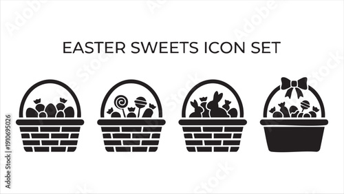 Easter sweets icon set featuring gift baskets filled with eggs and treats