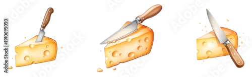 Obraz  z motywem A set of cheese wedges with knives on transparent background
