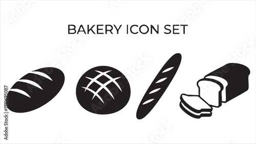 Bakery icon set, various bread loaves and sliced bread, fresh baked goods collection vector illustration