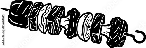 Food skewer with meat and vegetable pieces for grill cooking and BBQ snack concept – Black and White Vector Illustration