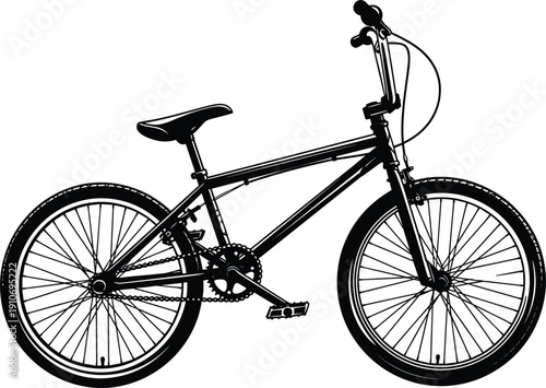Black BMX bicycle side view isolated on white background, detailed urban freestyle bike silhouette with spokes, pedals, chain and handlebars for sports design use.