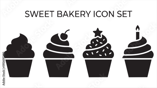 Sweet bakery icon set, various cupcake designs with frosting and toppings, dessert treats collection