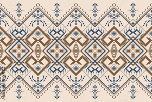 Elegant seamless geometric floral pattern in brown and navy tones. Ideal for textile printing, wallpaper, ceramic tiles, packaging, upholstery, and industrial surface production.