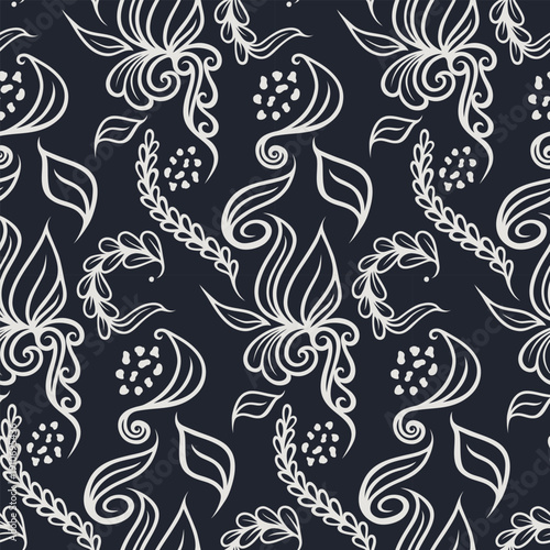 Modern seamless floral line pattern on deep navy background. Perfect for textile manufacturing, fashion fabric printing, wallpaper production, and decorative surface applications.