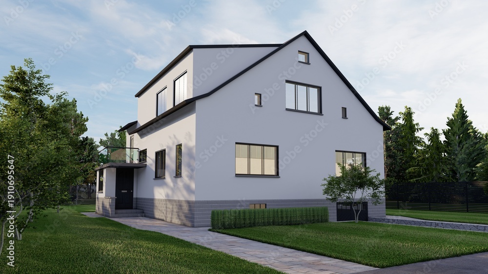 Obraz premium Modern Two-Story White Residential House with Garden and Stone Path - 3D Render Architectural Visualization