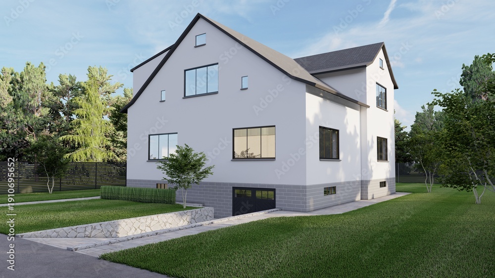 Obraz premium Modern White Family House with Garden and Basement Garage 3D Render