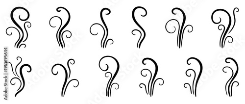 Elegant smoke and fume lines inspired by incense and perfume vapour. Perfect for calm, aroma, scent and wellness themes.