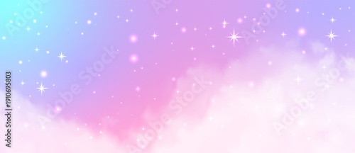 Pastel pink and lavender sky gradient with soft clouds, sparkling stars and glowing bokeh lights, magical princess backdrop with dream pink glitter mood.