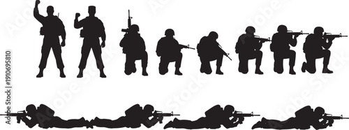 Dynamic silhouettes illustrating disciplined armed forces personnel in diverse combat readiness postures, capturing tactical operations and strategic defense initiatives