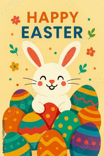 Wallpaper Mural Happy Easter text with bunny and decorated eggs Torontodigital.ca