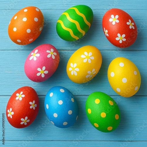 Wallpaper Mural Colorful Easter eggs on blue wooden background Torontodigital.ca