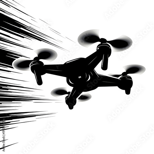 Aerial Technology Ascent: A sleek drone, captured in a dynamic illustration, ascends against a backdrop of motion, embodying technological innovation and aerial exploration.