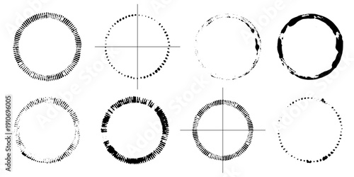 Abstract grunge circle frames and Ink stamp textures set. Vector distressed radial brushes, ink ring imprints and round graphic design elements.