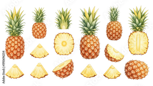A charming watercolor collection of fresh tropical pineapples, including whole fruits, sliced rounds, juicy wedges, and leafy crowns.