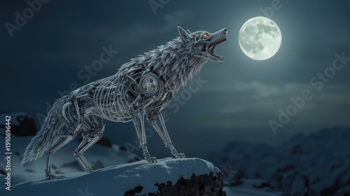 A menacing futuristic cyborg wolf (cyberpunk style) with glowing orange eyes and metallic skeletal frame stands on a snowy mountain under a full moon.