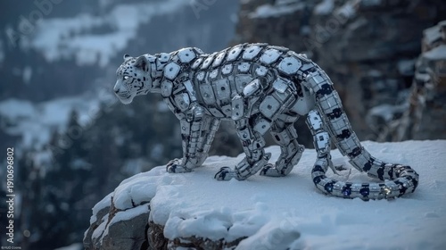 Detailed and symmetrical macro portrait of a snow leopard's face with white fur, unique spotted pattern, and intense amber eyes, set in the mountains at twilight.