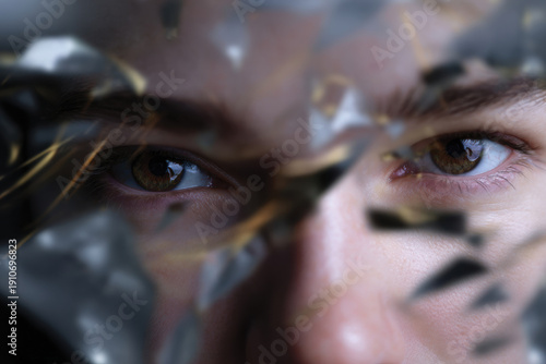 Close-up view of a person's striking eyes through broken glass, symbolizing vulnerability, strength, and the duality of human emotions and experiences.