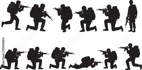 Military soldier silhouettes in various action poses, demonstrating combat readiness and tactical maneuvers for defense and security concepts