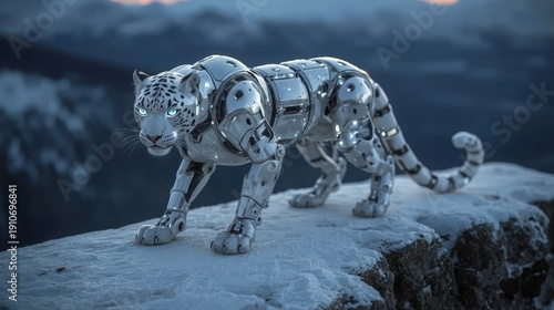 Detailed and symmetrical macro portrait of a snow leopard's face with white fur, unique spotted pattern, and intense amber eyes, set in the mountains at twilight.