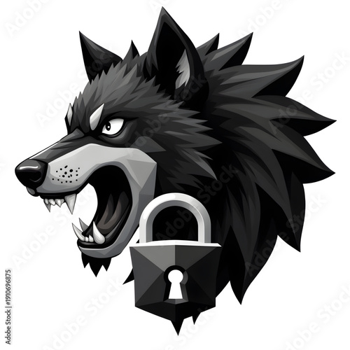 Digital Wolf Security: A fierce black wolf, symbolizing protection and strength, guards a secure padlock, representing digital security and safety.