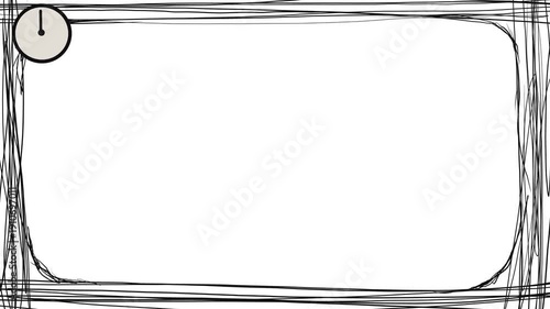 A frame of noisy stripes and patterned lines rapidly changes during the animation. A clockwork mechanism hangs above, with the second hand running at an accelerated rate.