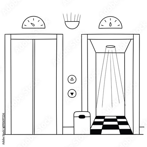 Hand-drawn doodle of open and closed elevators on a white background.