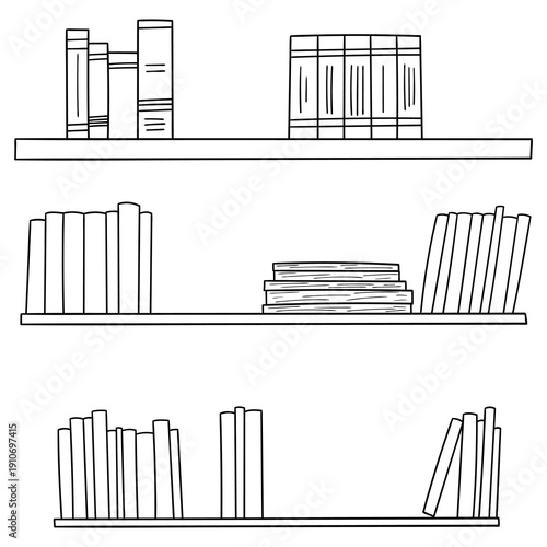 Hand-drawn doodle set of bookshelves on a white background.