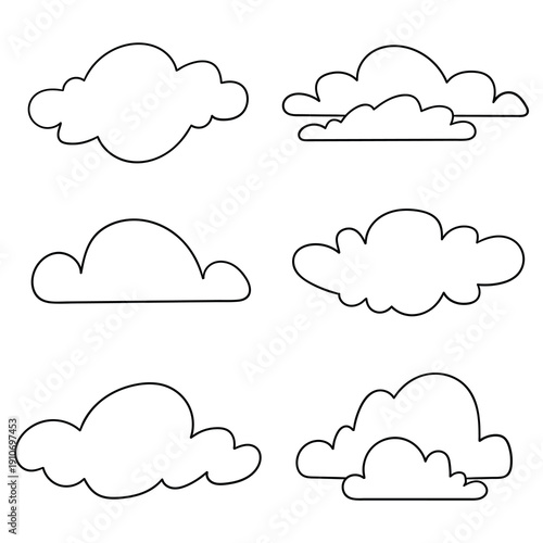 Hand-drawn doodle set of clouds on a white background.