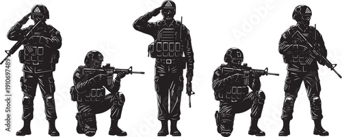 Vector graphic illustration of soldiers in military gear with weapons and tactical vests, showcasing combat readiness and defense