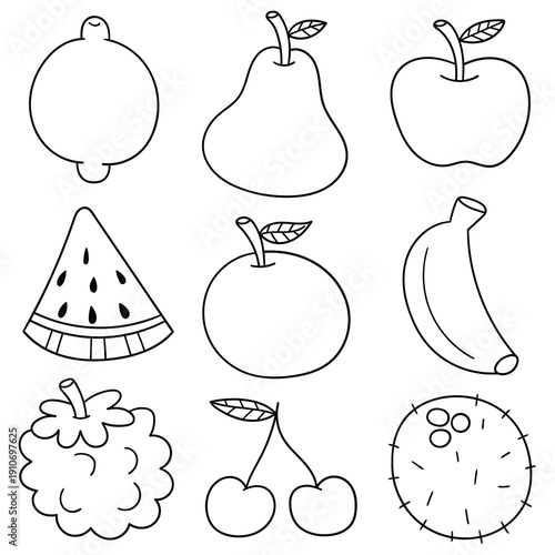 Hand-drawn doodle set of fruits on a white background.