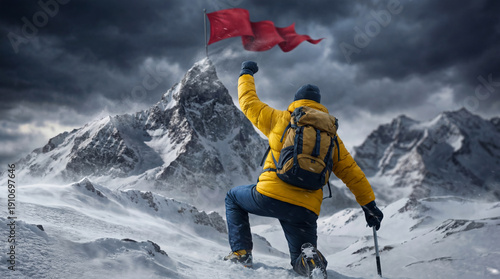 Triumphant mountaineer kneeling in snow, raising a fist towards a summit flag, symbolizing conquered goals and victory