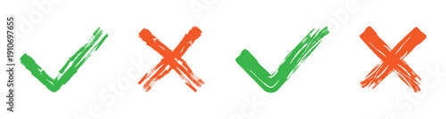 Brush painted tick and cross symbol. Grunge check mark and x sign. Transparent vector