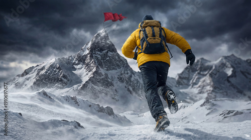Mountaineer in a yellow jacket running towards a snowy summit flag, symbolizing the urgent final sprint to achieve a goal