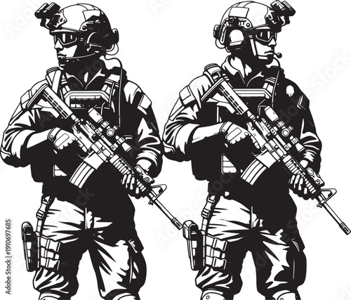 Dynamic illustration of two armed special forces soldiers in full tactical gear, ready for action and representing elite security operations
