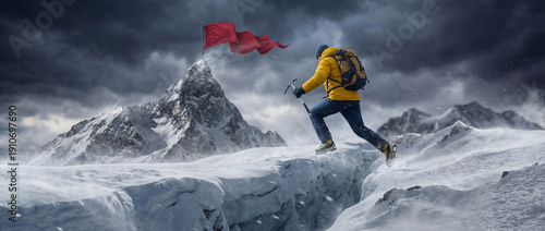 Brave climber leaping across a snowy crevasse to reach a summit flag, representing determination and overcoming challenges