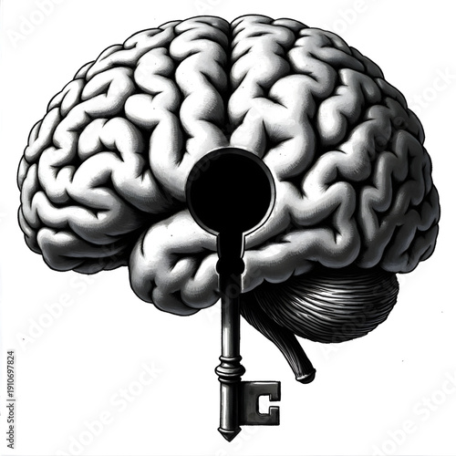Unlocking the Mind: A symbolic depiction of the human brain with a key, representing access to thoughts, knowledge, and potential. 