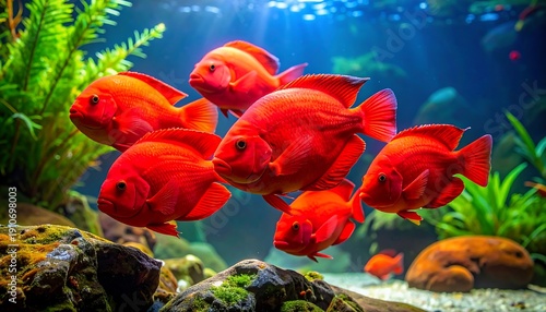 A vibrant school of red fish swimming in an aquarium.