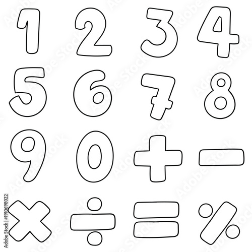 Hand-drawn doodle set of numbers and mathematical symbols on a white background.