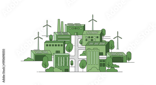An illustration of a green city with renewable energy sources like wind turbines and solar panels powering buildings.