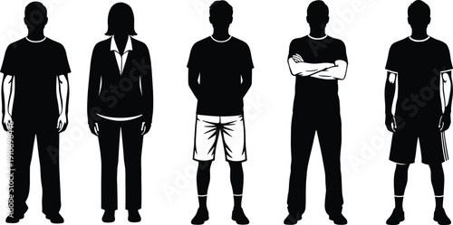 Collection of diverse male and female human silhouettes standing in front view isolated on white background, fashion and body outline template set