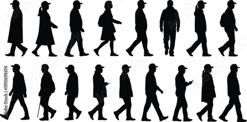 Collection of diverse people walking silhouettes in side view, urban pedestrians isolated on white background, black human figures set for crowd, lifestyle, and city movement concepts