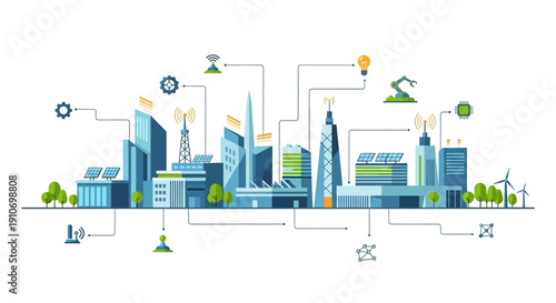 Illustration of a smart city with interconnected buildings, renewable energy sources, and communication networks.