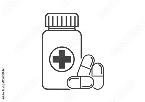 Vector illustration of a medicine bottle with capsules and a cross symbol, representing healthcare and pharmaceuticals