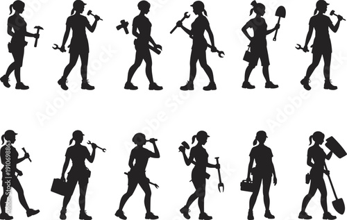 Collection of female construction worker silhouettes carrying tools isolated on white background, professional women builders walking with equipment, industrial labor concept set