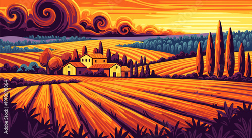 Vibrant Tuscan Landscape Vector Illustration at Sunset with Rolling Hills and Farmhouse